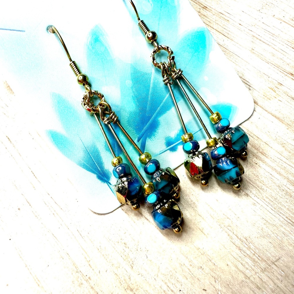 Hand Crafted Elegant Blue and Gold Czech Glass Dangle Earrings